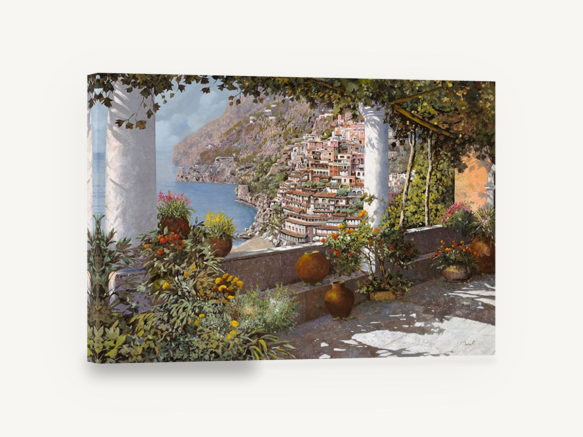 Positano Terrace Vista, positano terrace coastal village painting, coastal canvas wall art print ready to hang