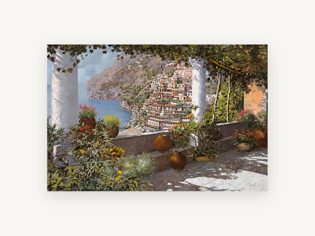 Positano Terrace Vista, coastal canvas wall art print, front view