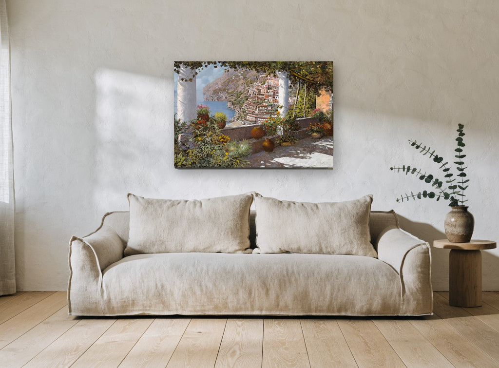 Positano Terrace Vista coastal canvas print on the wall of a living room