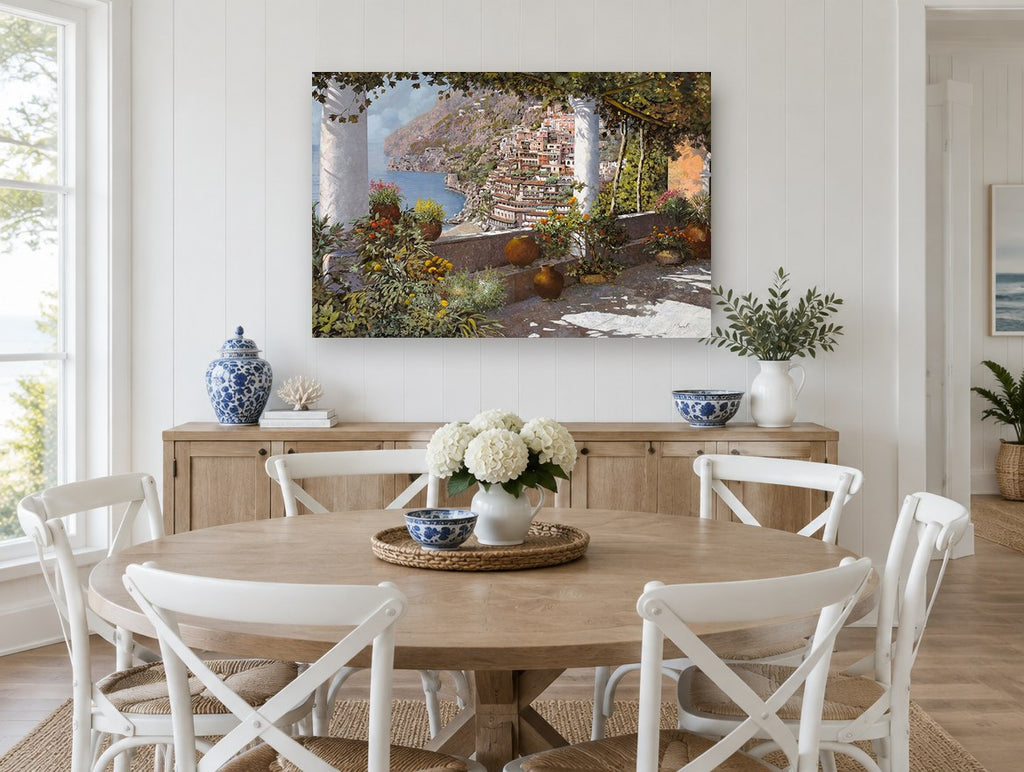 Positano Terrace Vista coastal canvas print on the wall of a Hamptons dining room