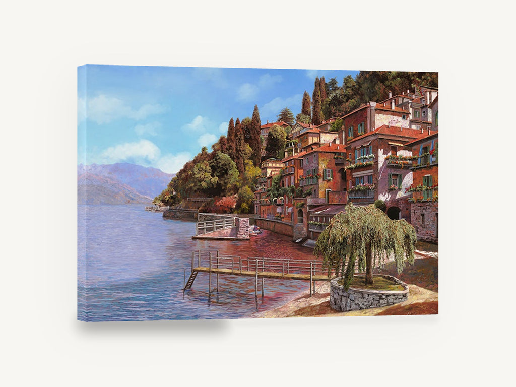 Lakeside Village Terraces, lakeside village pier painting style, landscape canvas wall art print ready to hang