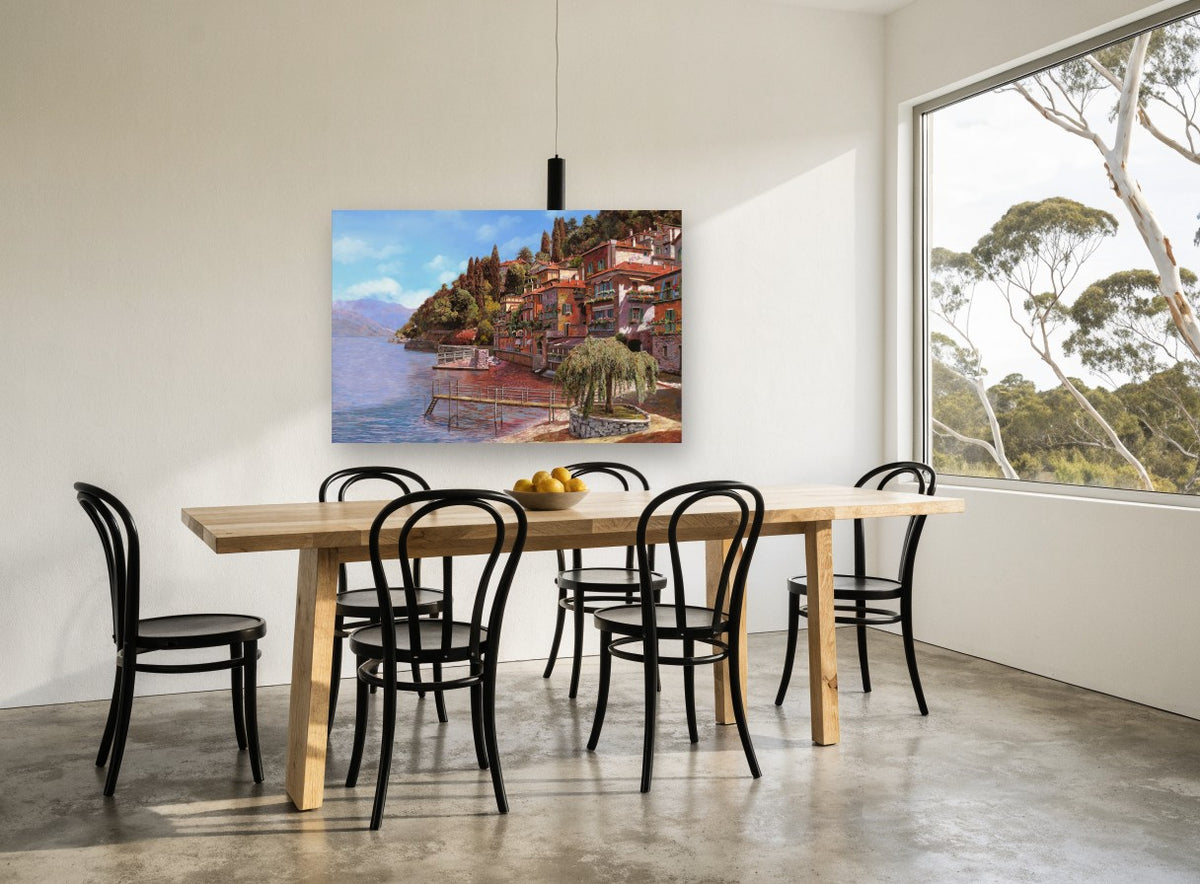 Lakeside Village Terraces landscape canvas print on the wall of a dining room