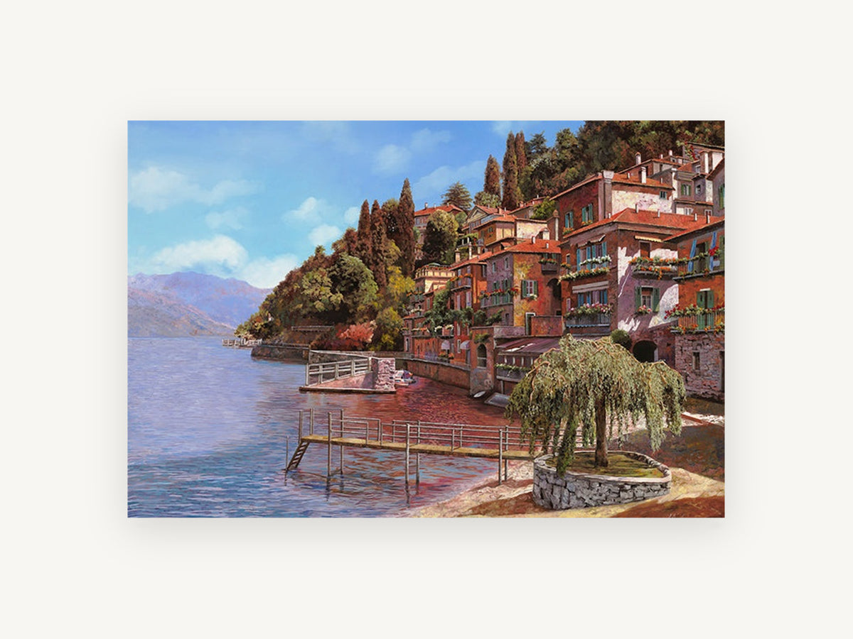 Lakeside Village Terraces, lakeside village pier painting style, landscape canvas wall art print, front view
