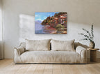 Lakeside Village Terraces landscape canvas print on the wall of a living room