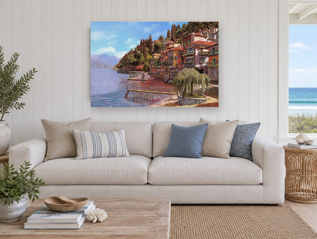 Lakeside Village Terraces landscape canvas print on the wall of a beach house living room