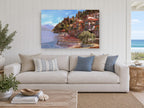 Lakeside Village Terraces landscape canvas print on the wall of a beach house living room