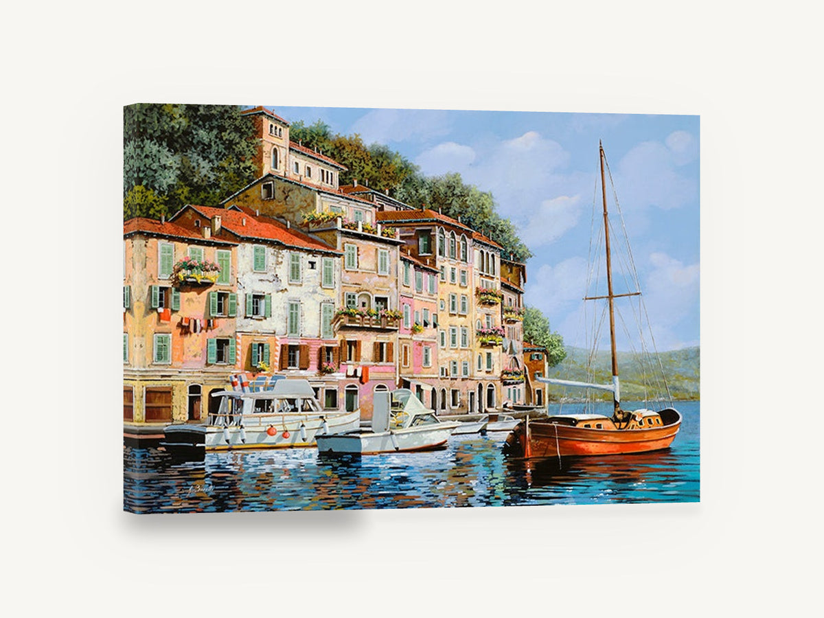 Red Sailboat Harbour, colourful harbour village boats painting, landscape canvas wall art print ready to hang