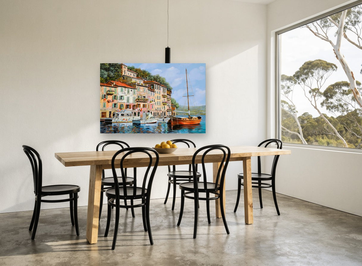 Red Sailboat Harbour landscape canvas print on the wall of a dining room