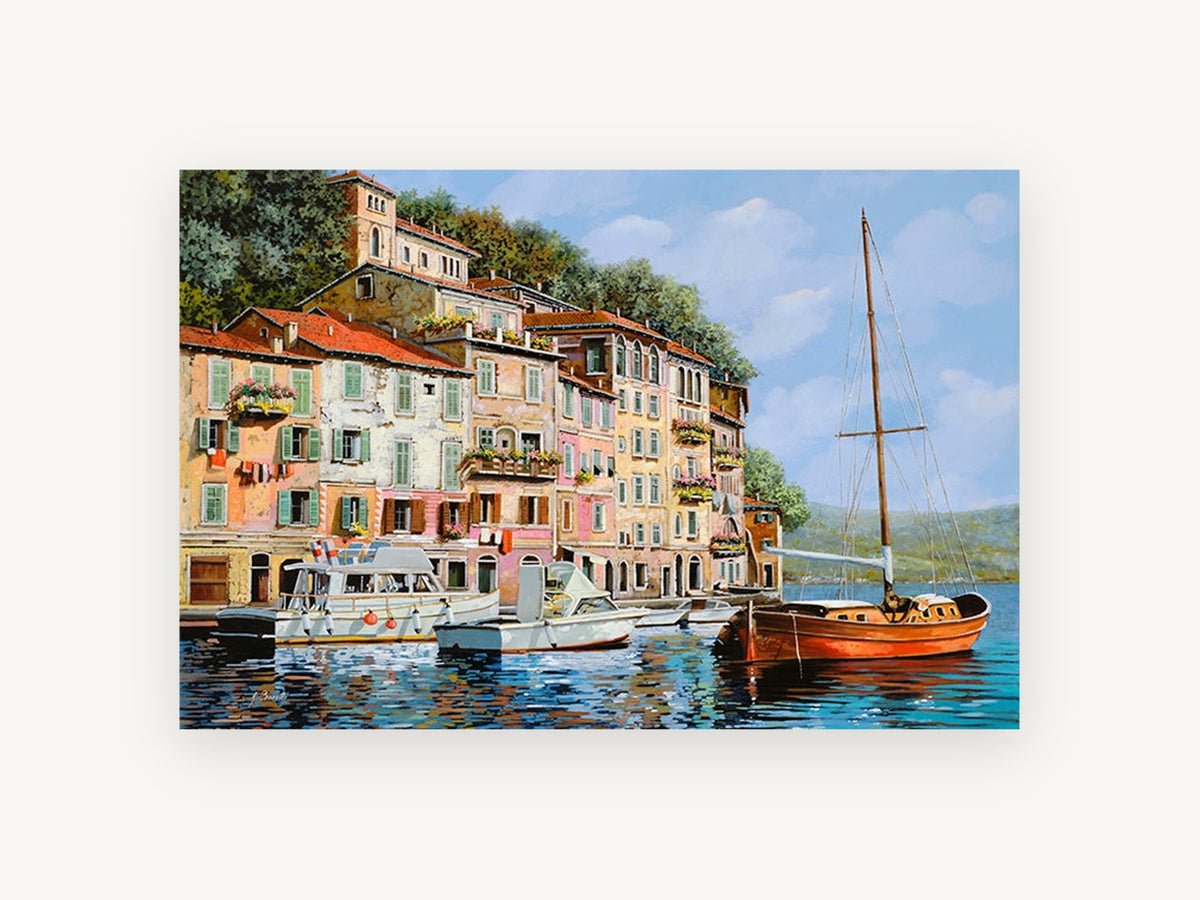 Red Sailboat Harbour, colourful harbour village boats painting, landscape canvas wall art print, front view