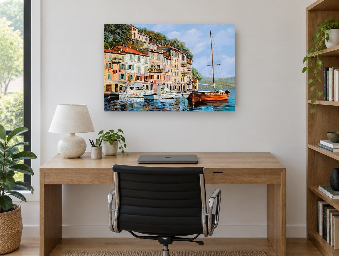 Red Sailboat Harbour landscape canvas print on the wall of a study