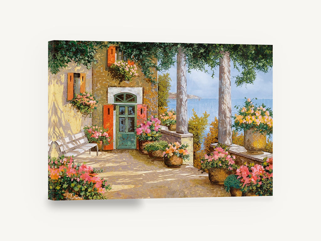 Terrace Above the Sea, mediterranean terrace sea view painting, coastal canvas wall art print ready to hang