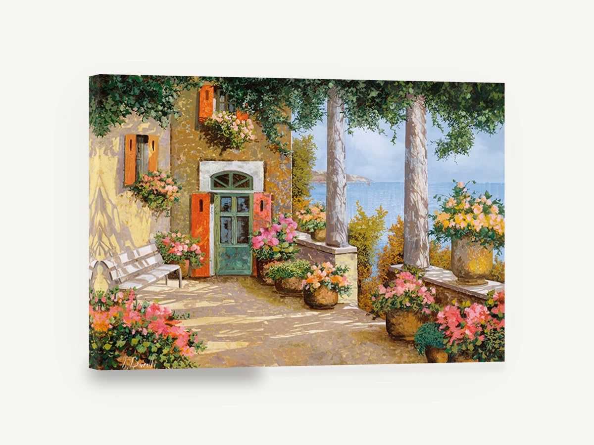 Terrace Above the Sea, mediterranean terrace sea view painting, coastal canvas wall art print ready to hang
