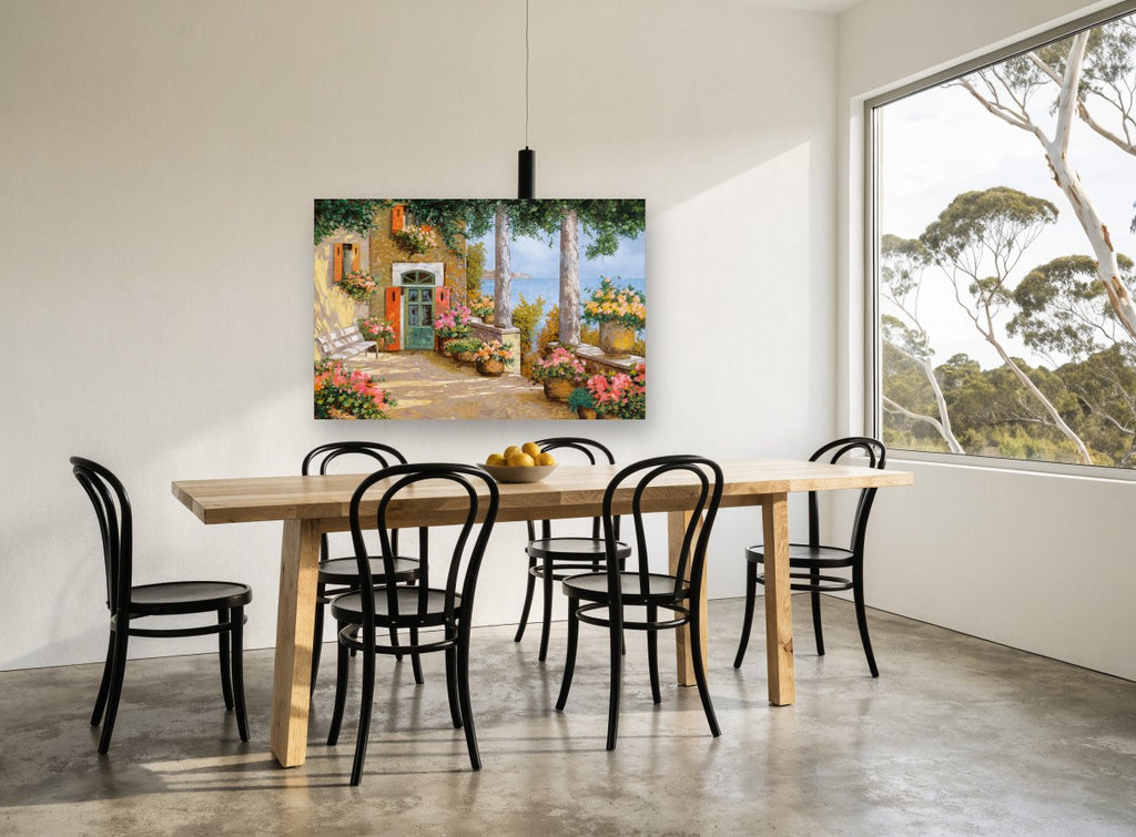 Terrace Above the Sea coastal canvas print on the wall of a dining room