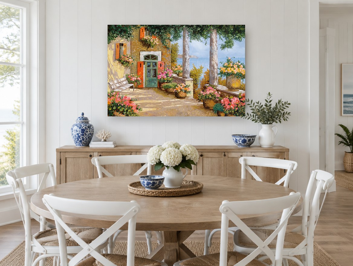 Terrace Above the Sea coastal canvas print on the wall of a Hamptons dining room