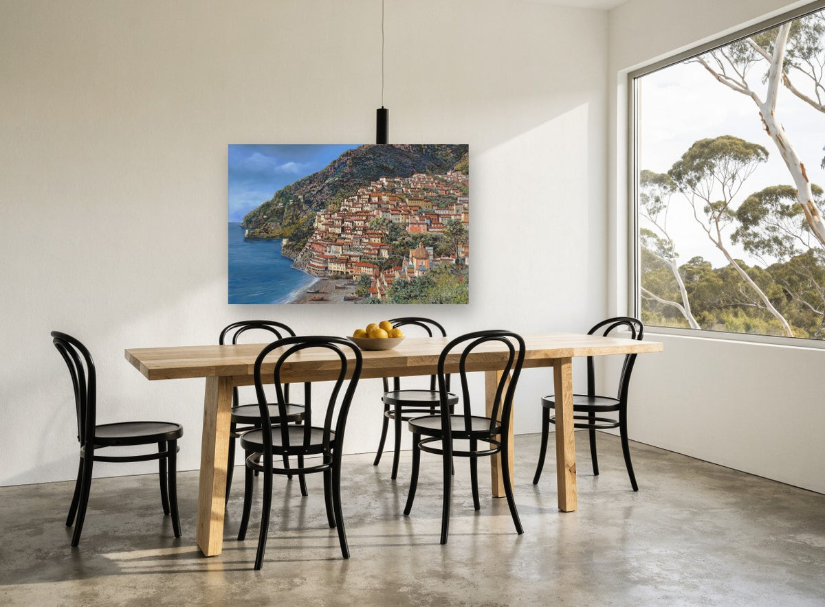 Positano Hillside Village coastal canvas print on the wall of a dining room