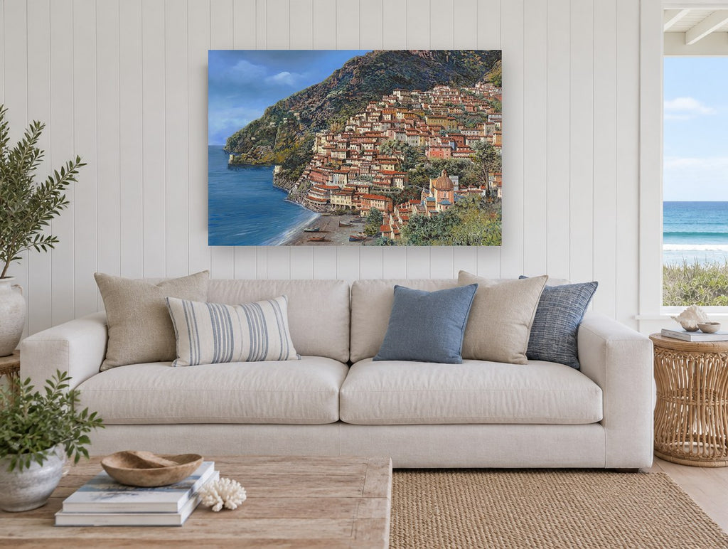 Positano Hillside Village coastal canvas print on the wall of a beach house living room
