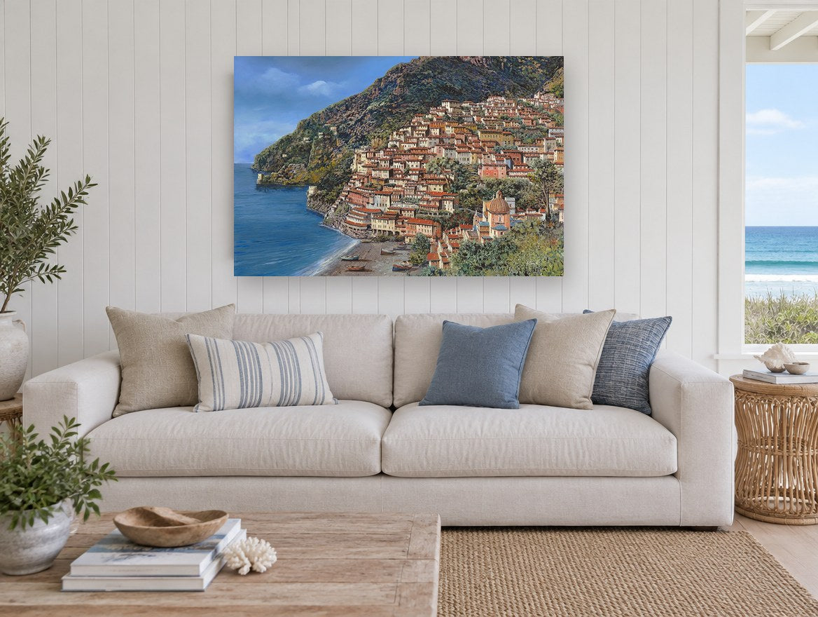 Positano Hillside Village coastal canvas print on the wall of a beach house living room