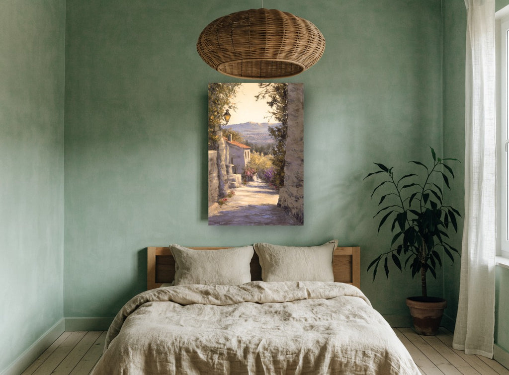 Sunlit Village Lane floral canvas print on the wall of a bedroom