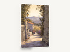 Sunlit Village Lane, mediterranean village lane landscape painting, floral canvas wall art print ready to hang