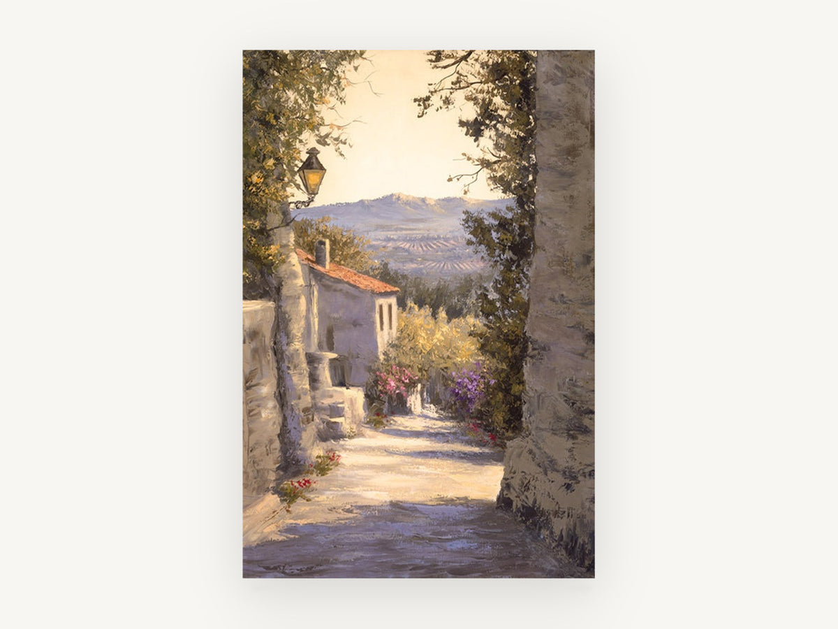 Sunlit Village Lane, floral canvas wall art print, front view
