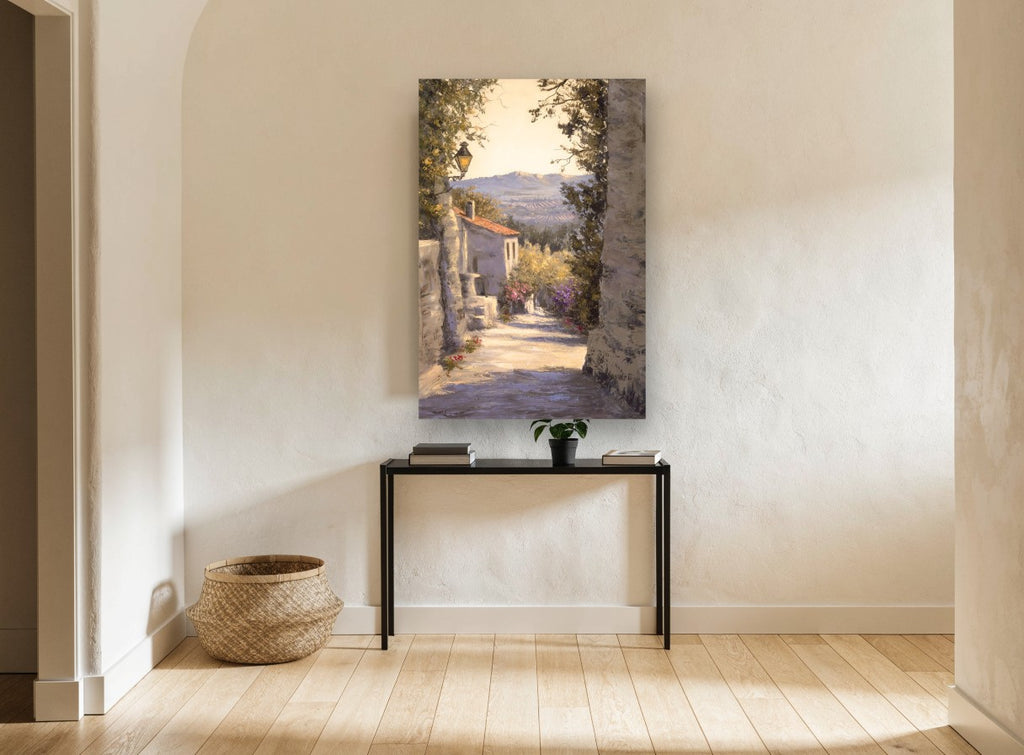 Sunlit Village Lane floral canvas print on the wall of a hallway