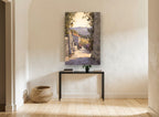 Sunlit Village Lane floral canvas print on the wall of a hallway