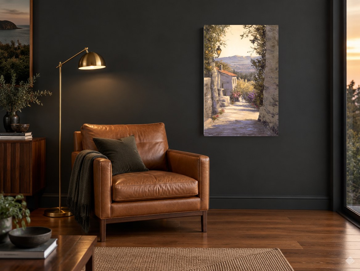 Sunlit Village Lane floral canvas print on the wall of a charcoal living room