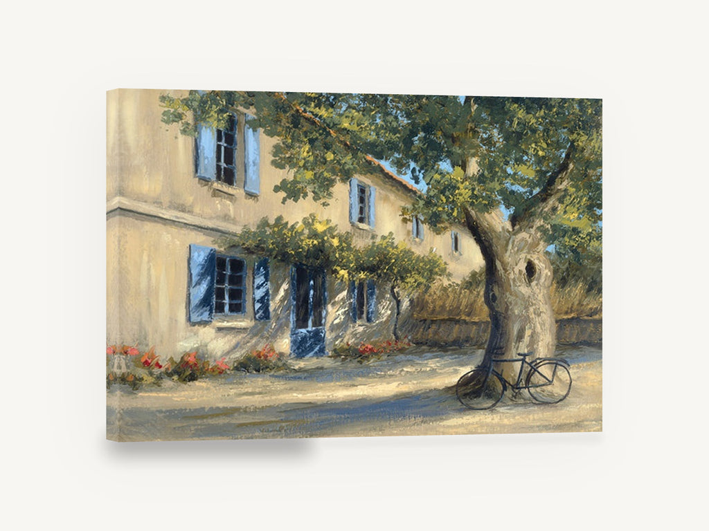 Shaded Courtyard Bicycle, provencal farmhouse bicycle under tree painting, floral canvas wall art print ready to hang
