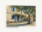 Shaded Courtyard Bicycle, provencal farmhouse bicycle under tree painting, floral canvas wall art print ready to hang