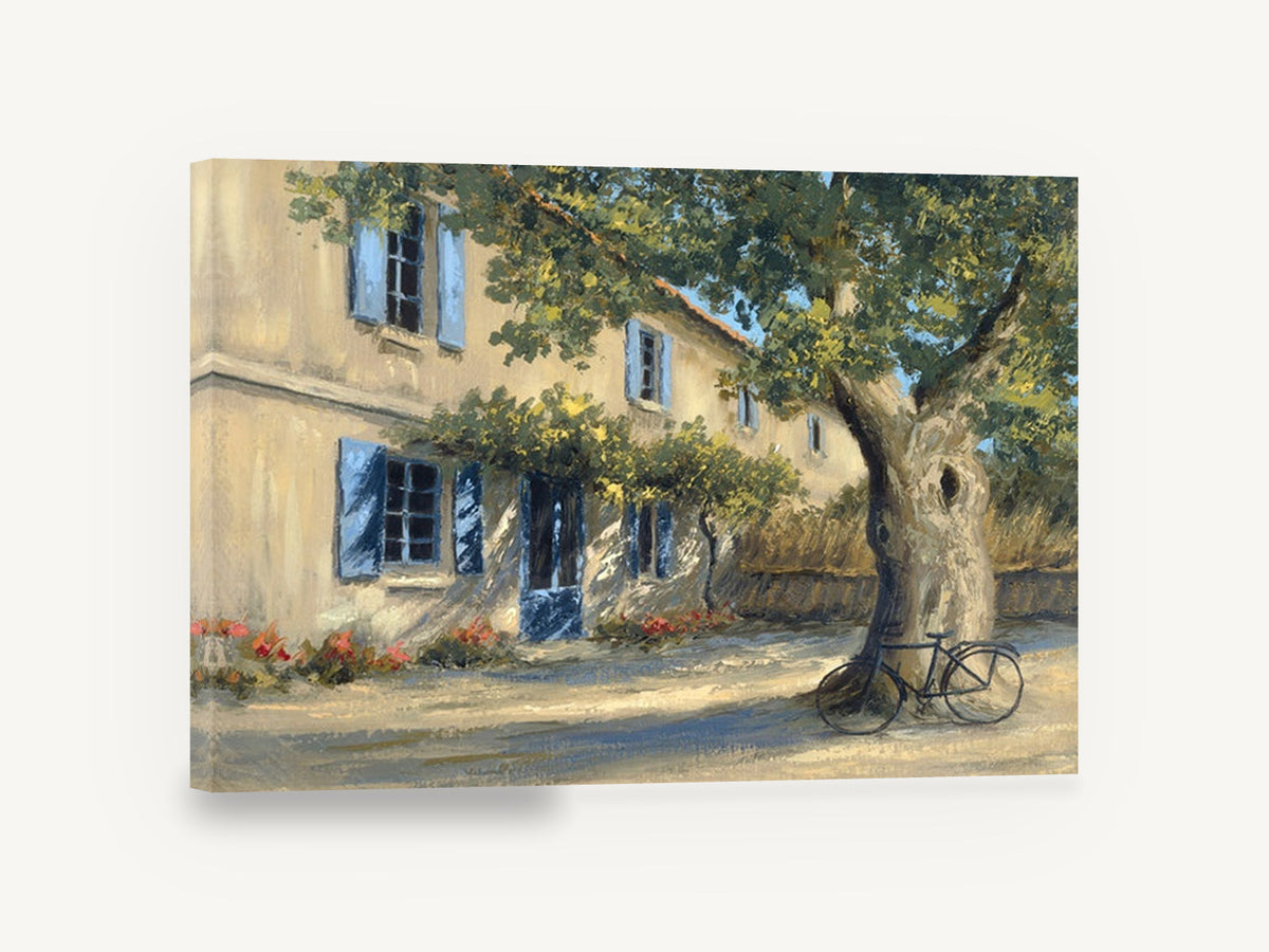 Shaded Courtyard Bicycle, provencal farmhouse bicycle under tree painting, floral canvas wall art print ready to hang