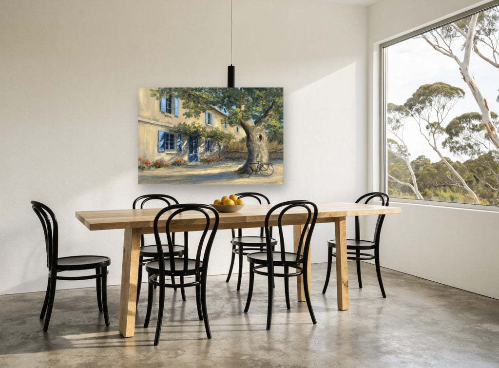 Shaded Courtyard Bicycle floral canvas print on the wall of a dining room