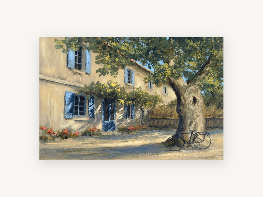 Shaded Courtyard Bicycle, floral canvas wall art print, front view