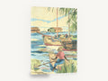 Harbour Rower Under Palms, tropical harbour boats watercolour scene, coastal canvas wall art print ready to hang