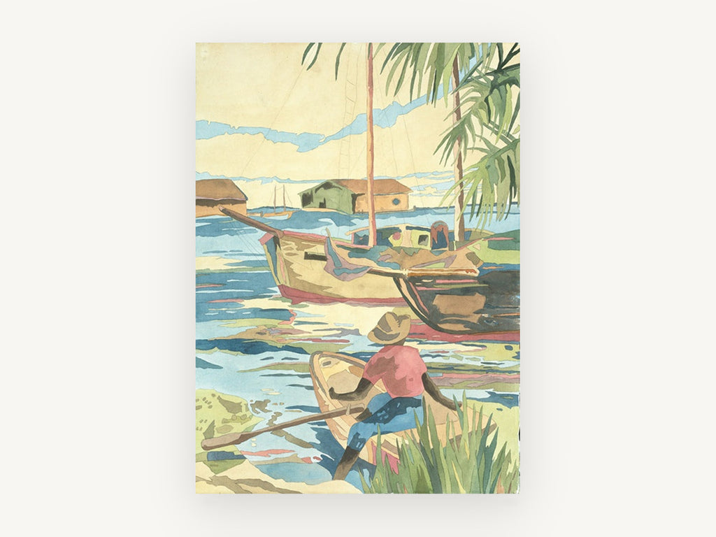 Harbour Rower Under Palms, coastal canvas wall art print, front view
