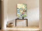 Harbour Rower Under Palms coastal canvas print on the wall of a hallway
