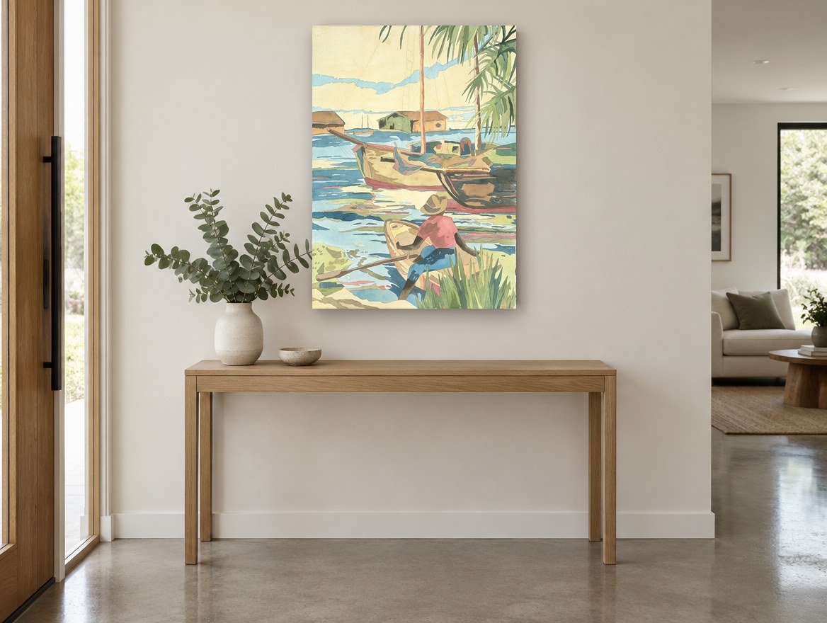 Harbour Rower Under Palms coastal canvas print on the wall of a entry hall