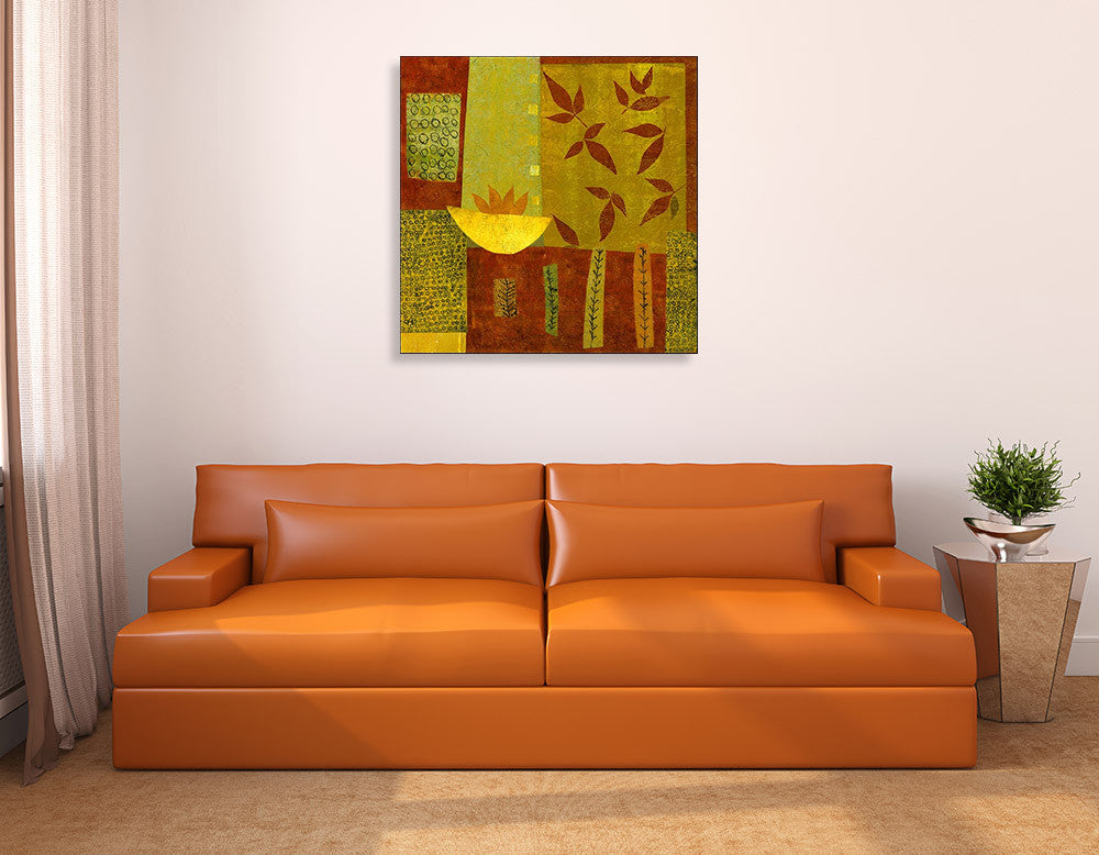 Gold Bowl with Nandina Leaves Wall Art Print on the wall