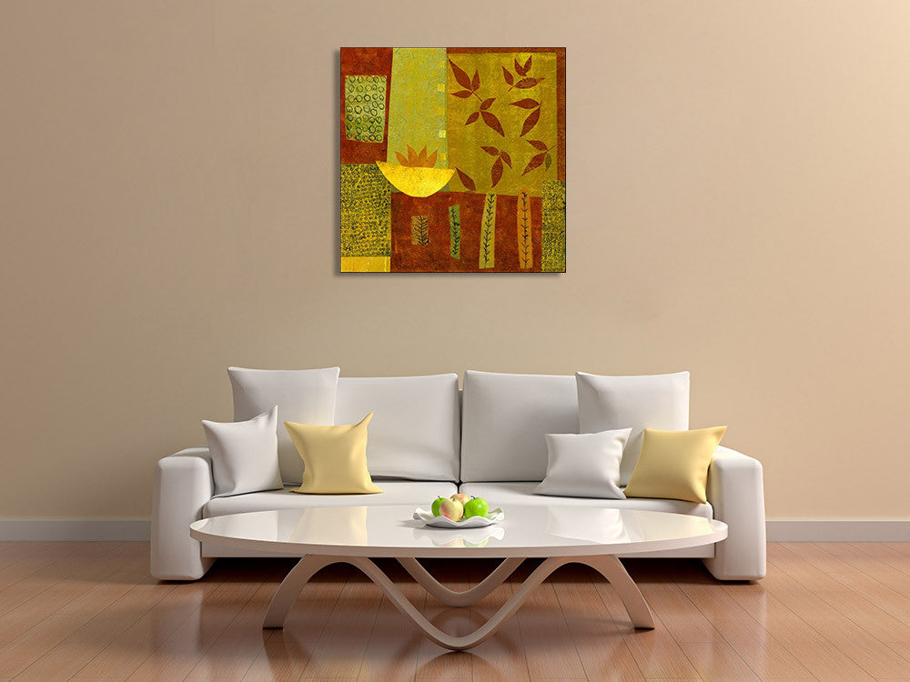 Gold Bowl with Nandina Leaves Wall Art Print on the wall