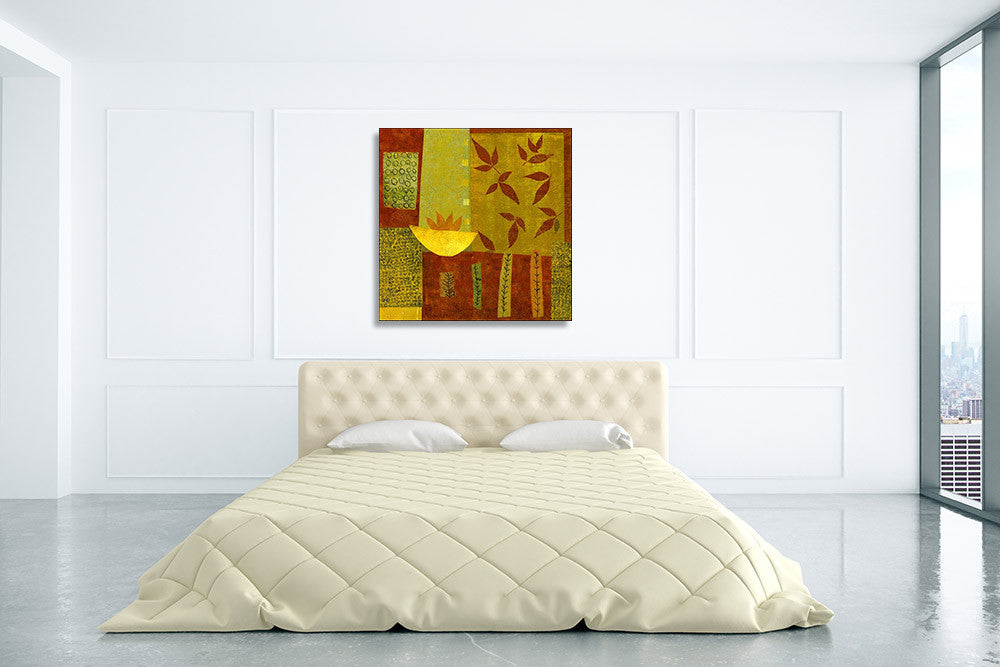 Gold Bowl with Nandina Leaves Wall Art Print on the wall