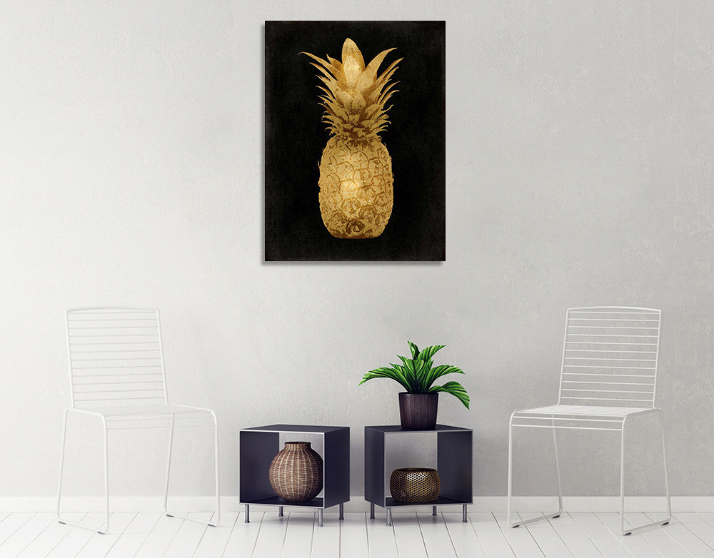 Gold Pineapple on Black I Wall Art Print on the wall