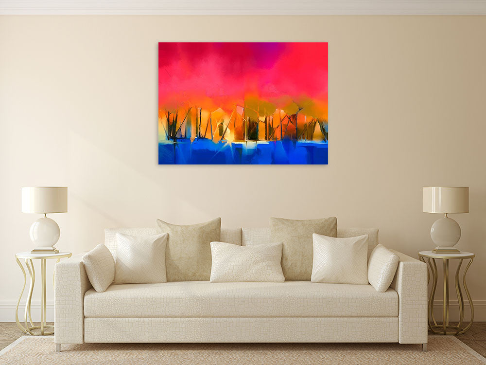  Gold Tree and Red Sky Wall Art Print on the wall