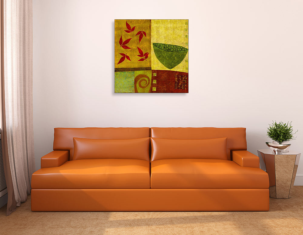 Green Bowl with Nandina Leaves Wall Art Print on the wall