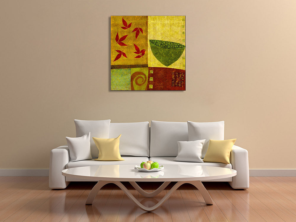 Green Bowl with Nandina Leaves Wall Art Print on the wall