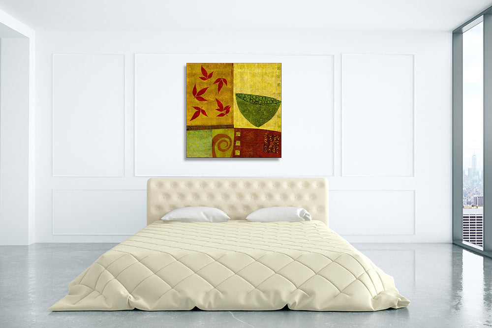 Green Bowl with Nandina Leaves Wall Art Print on the wall