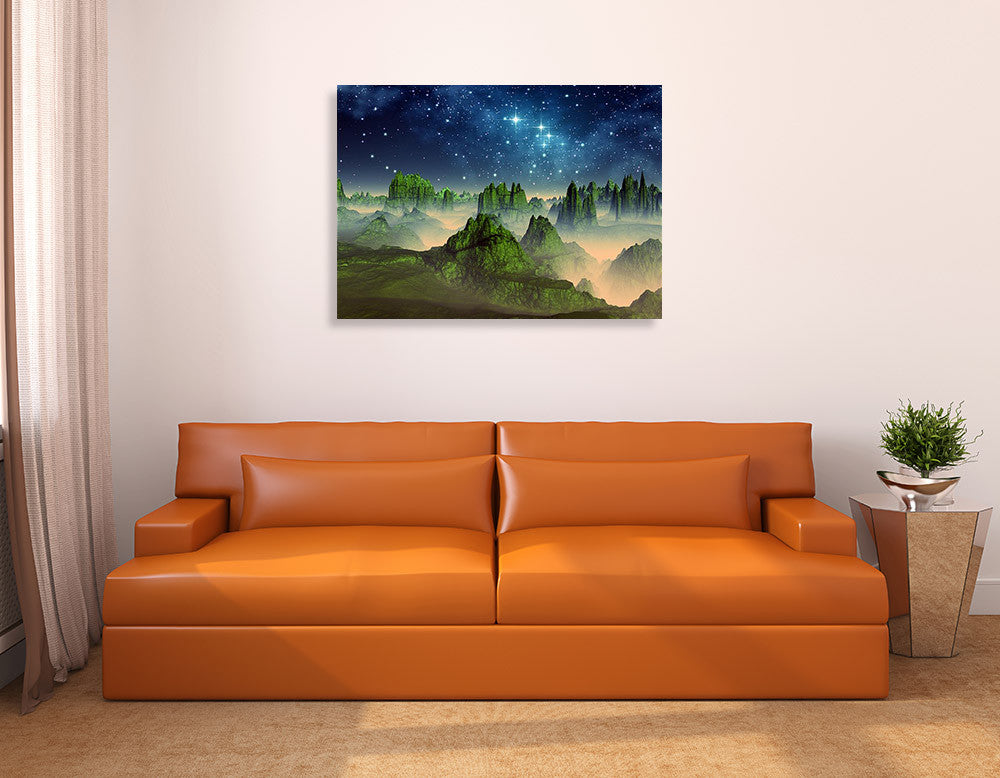 Green Fantasy Mountain Wall Art Print on the wall