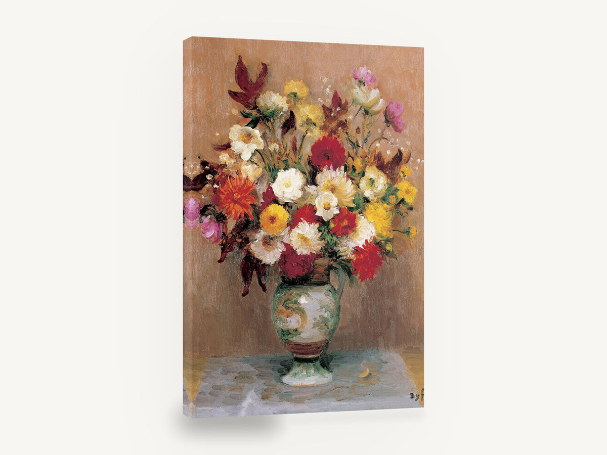 Dahlias in Green Jug, mixed dahlia bouquet still life painting, floral canvas wall art print ready to hang