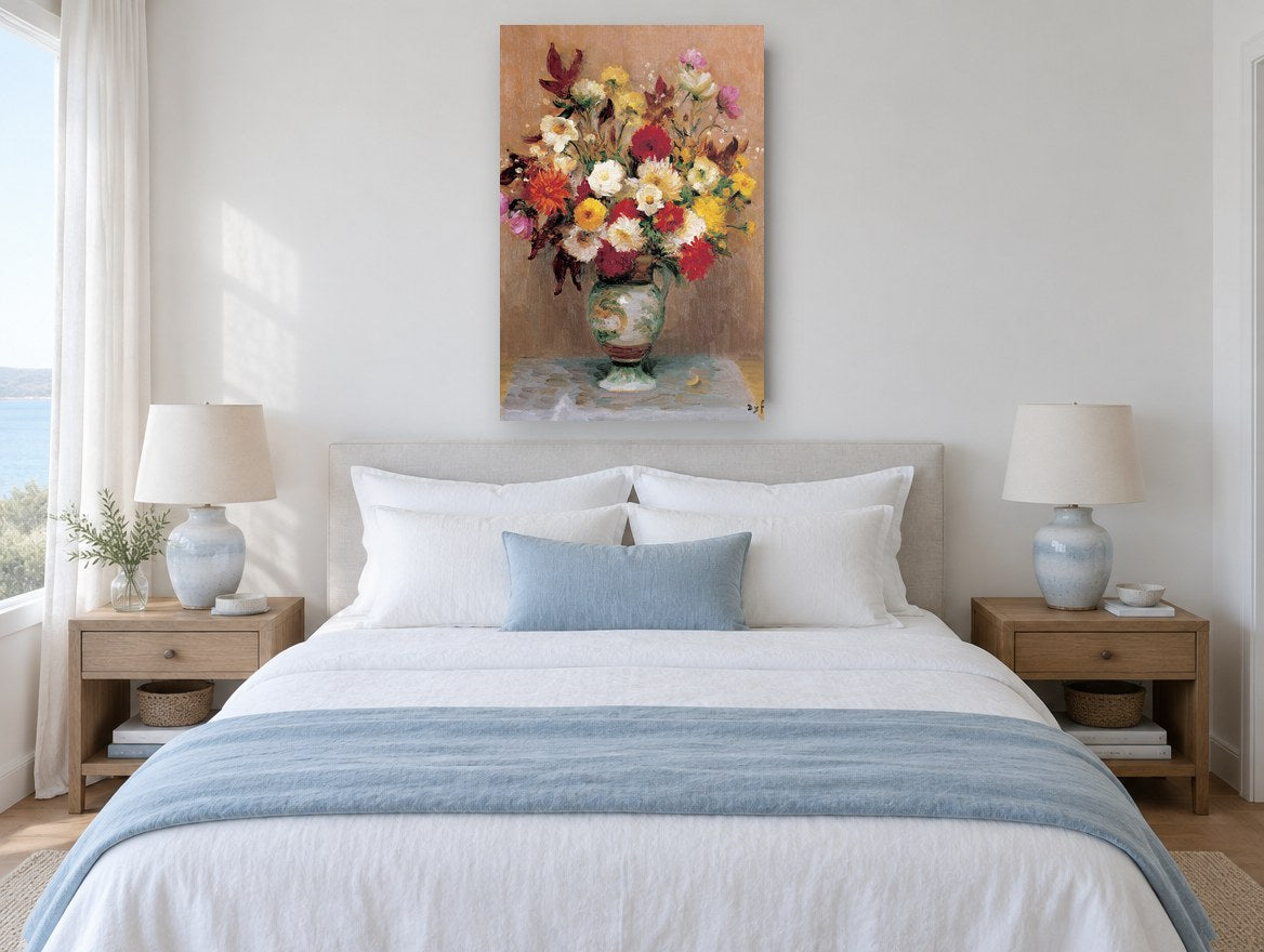 Dahlias in Green Jug floral canvas print on the wall of a coastal bedroom