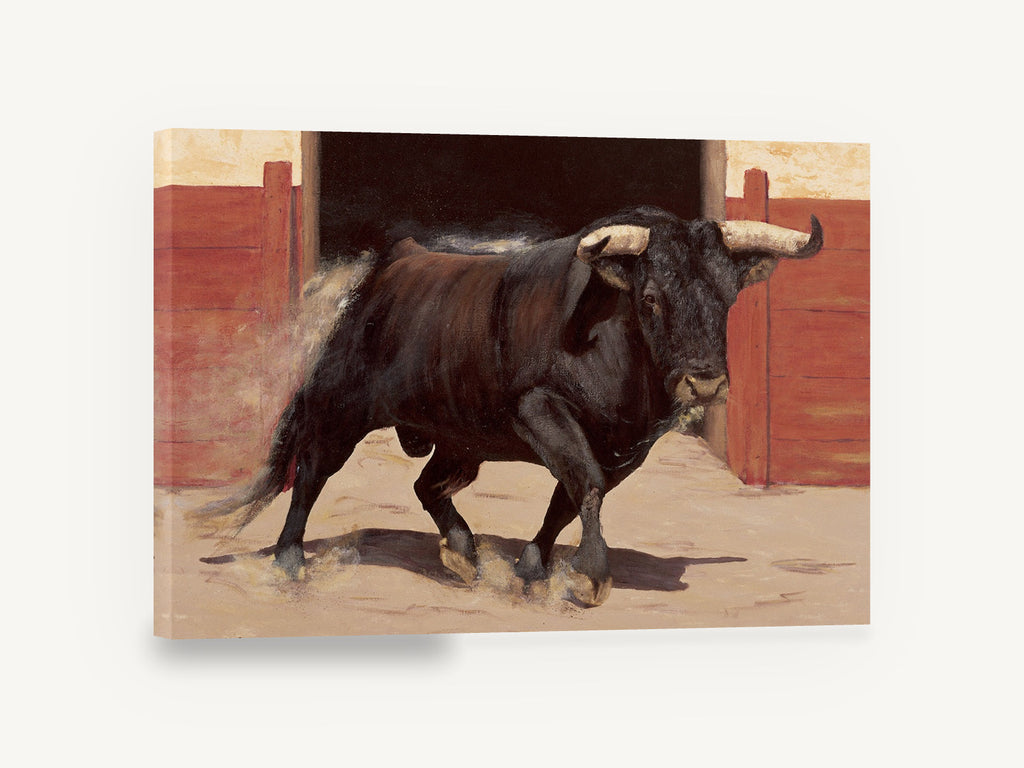 Charging Arena Bull, black bull arena realist painting, floral canvas wall art print ready to hang