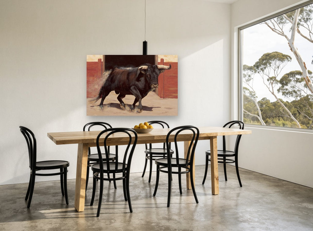 Charging Arena Bull floral canvas print on the wall of a dining room