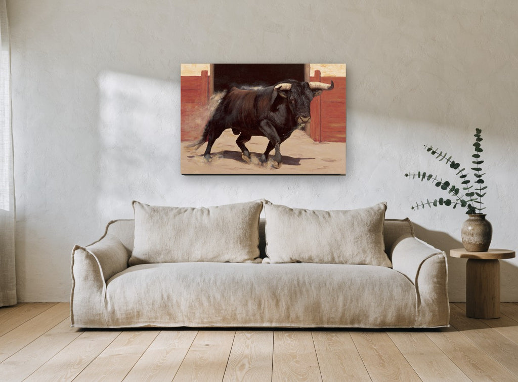 Charging Arena Bull floral canvas print on the wall of a living room